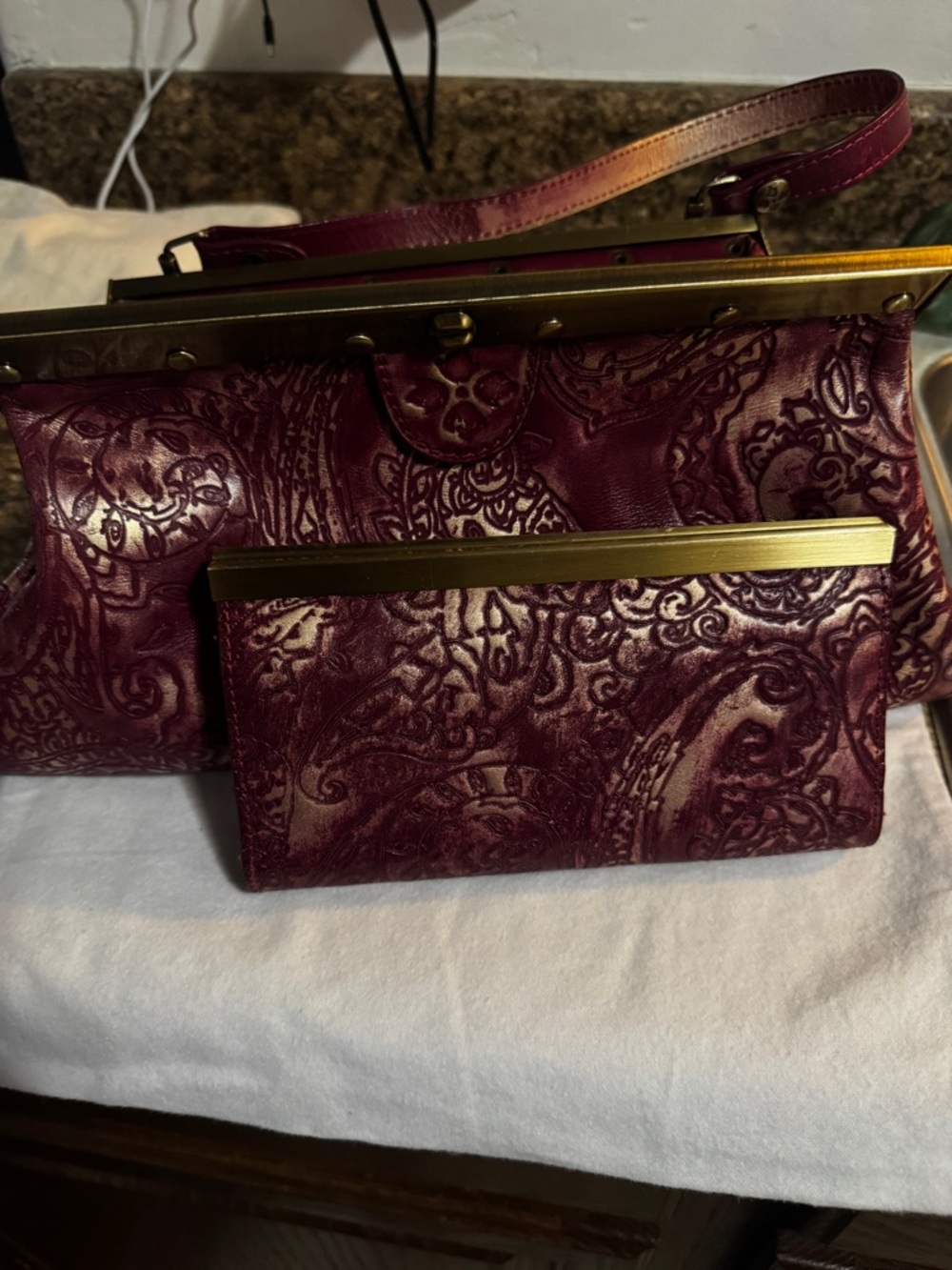 Women's Embossed Paisley Top-Handle Bag in Deep Burgundy. Patricia Nash - Picture 7 of 11